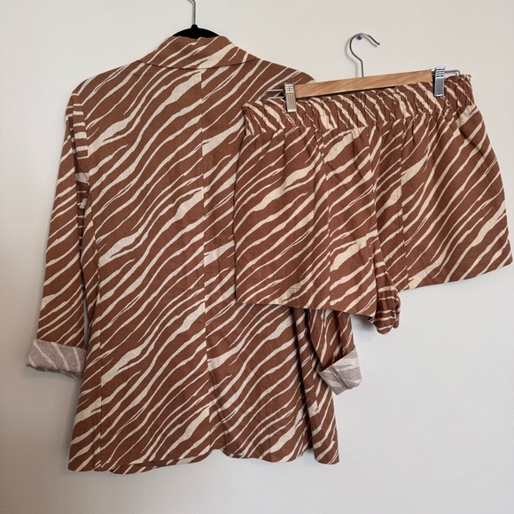 Linen Blend Blazer Shorts Suit Set Brown Zebra Natural Comfort Size M - Picture 6 of 11